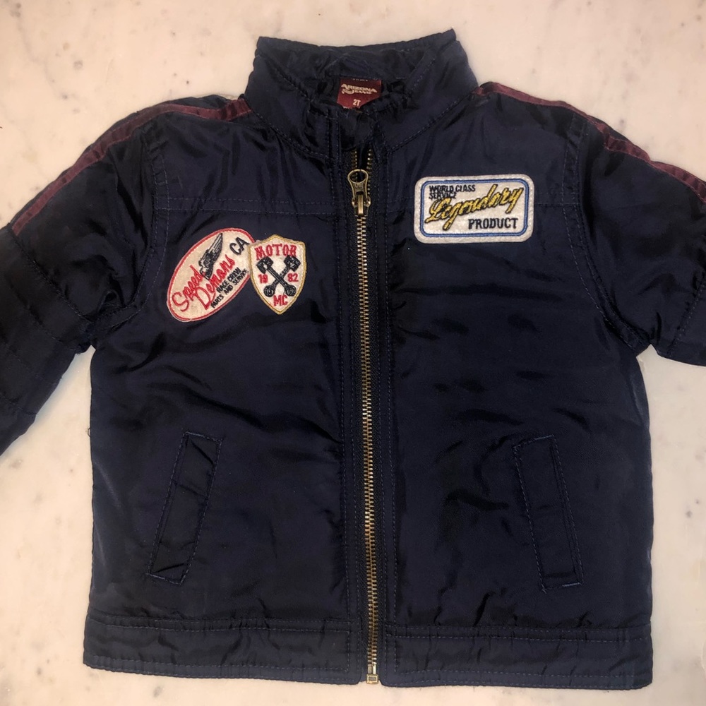 Racer/puffer blue jacket boys 3T with patches